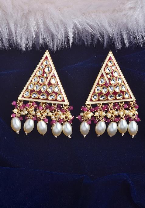 White Pink Kundan Pearl Gold Plated Earrings