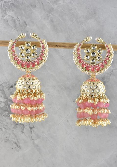 White Pink Kundan Pearl Gold Plated Earrings
