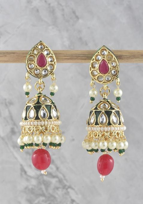 White Green Kundan Pearl Gold Plated Earrings