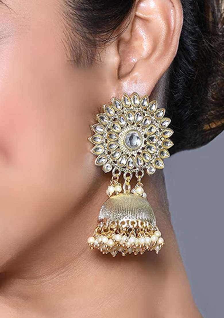 Golden White Partywear Alloy Earrings - Indya