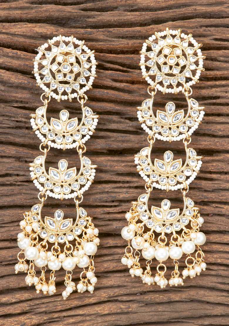Golden White Partywear Alloy Earrings - Indya