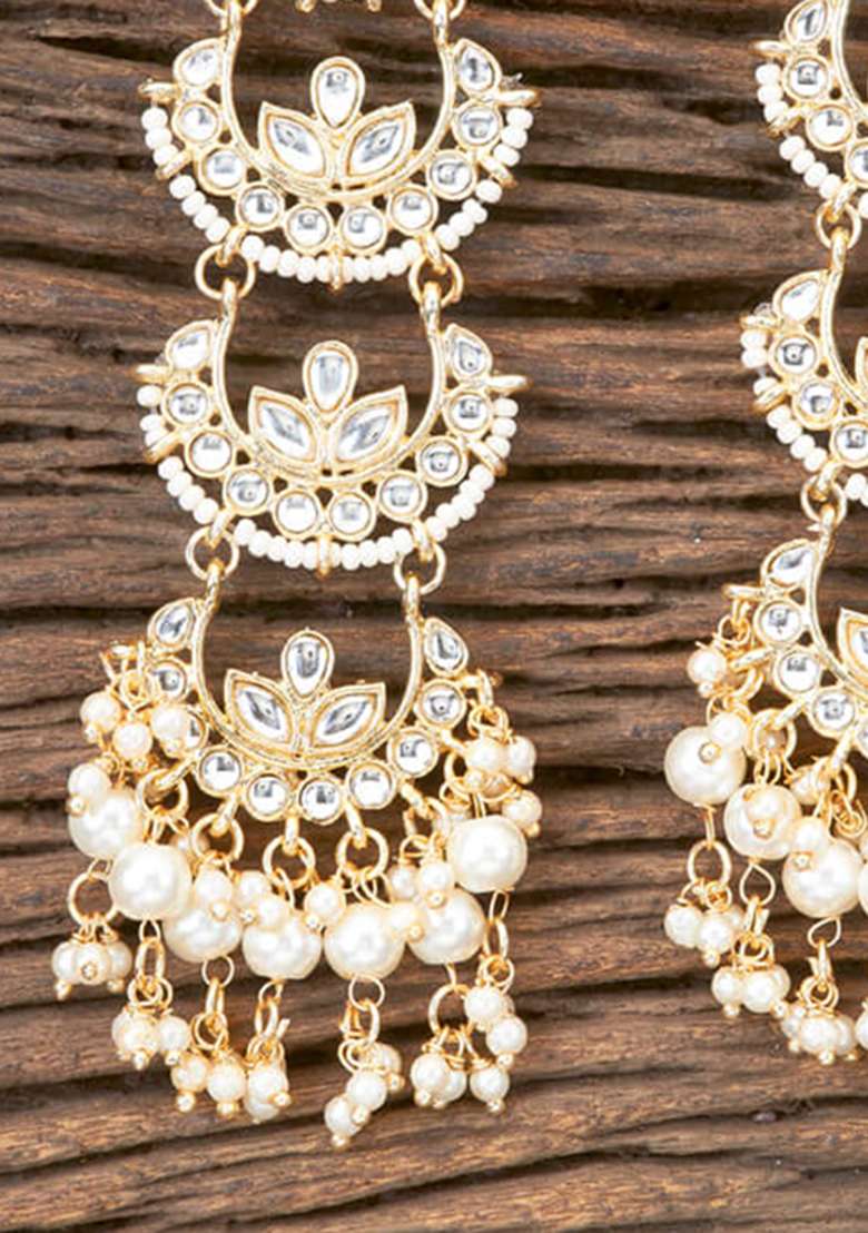Golden White Partywear Alloy Earrings - Indya