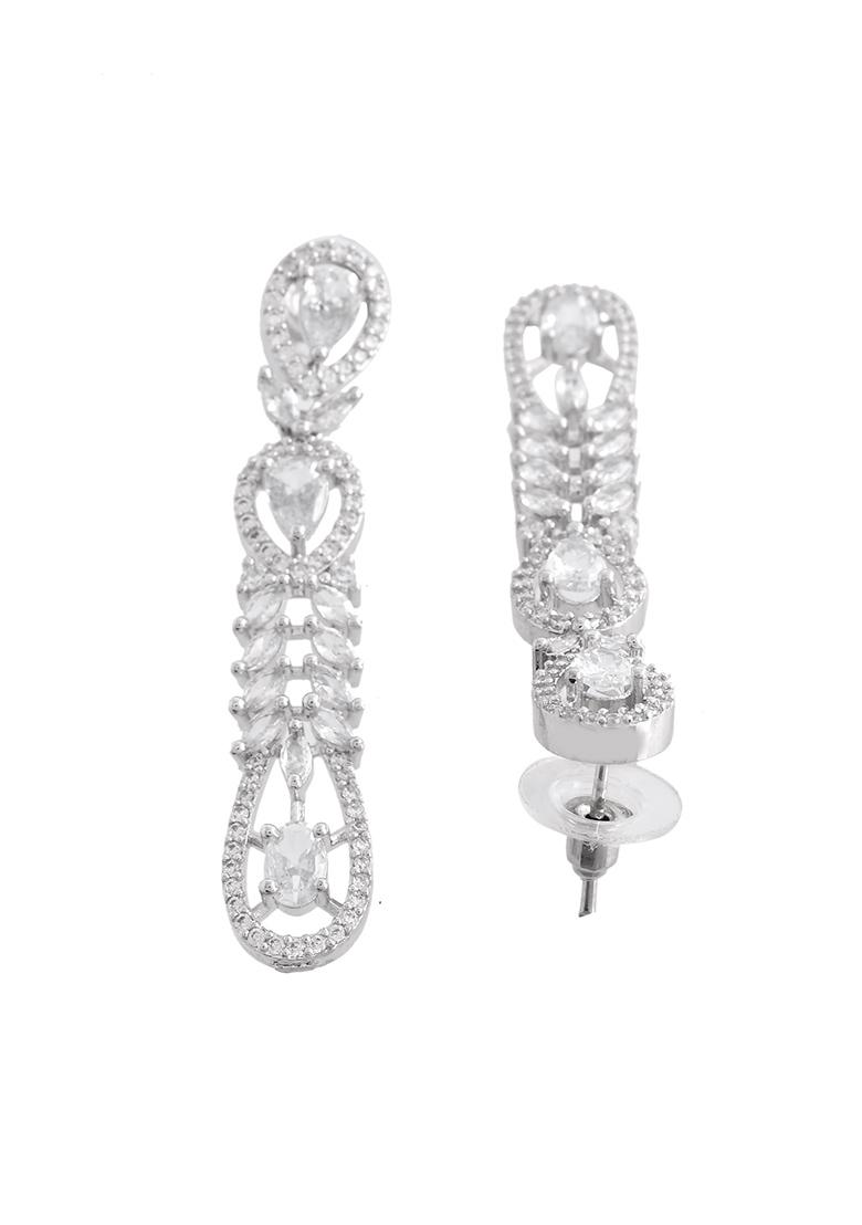 Silver Plated AD Stone Studded Long Earrings - Indya