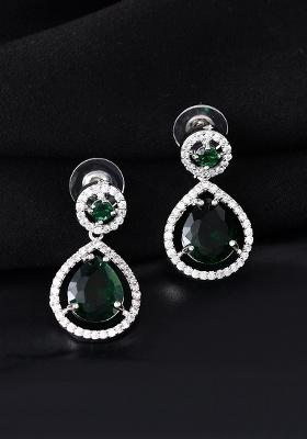Silver Plated Green Stone Studded Teardrop Shaped Earrings 