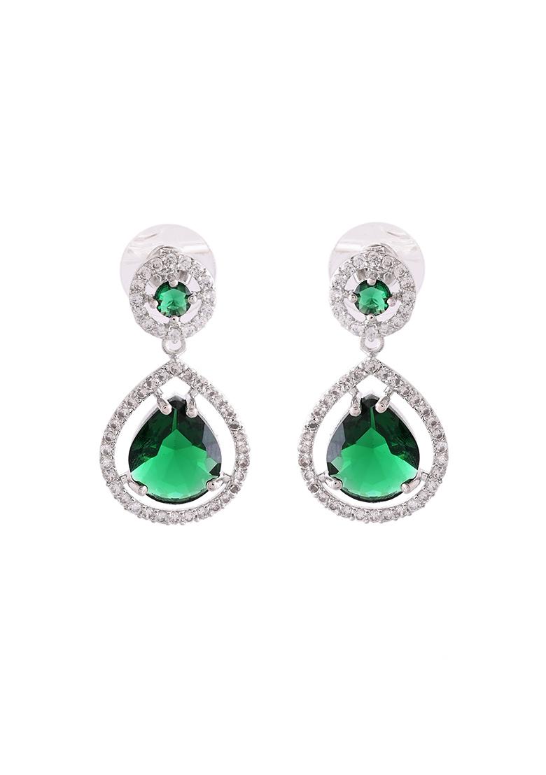 Silver Plated Green Stone Studded Teardrop Shaped Earrings  - Indya