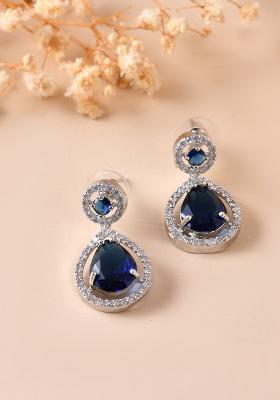 Silver Plated Blue Stone Studded Teardrop Shaped Earrings 