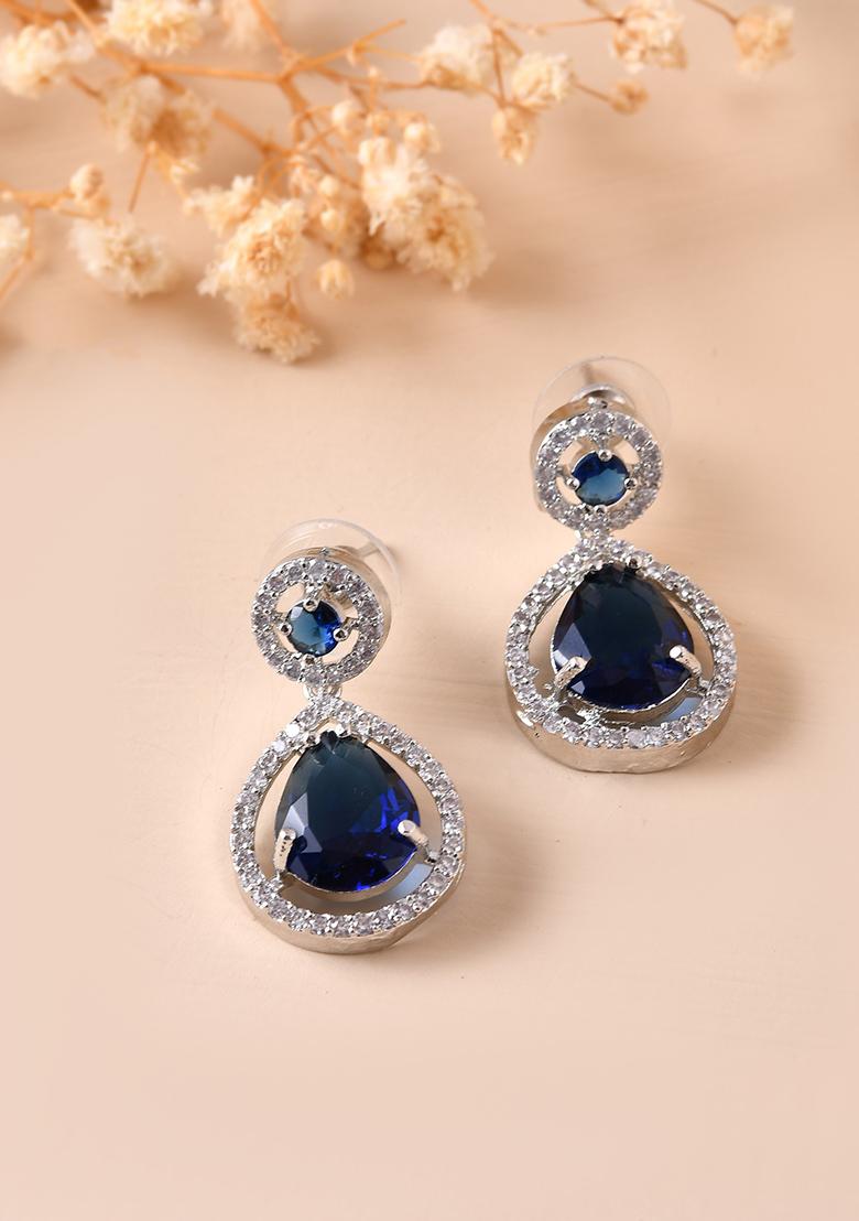 Silver Plated Blue Stone Studded Teardrop Shaped Earrings  - Indya