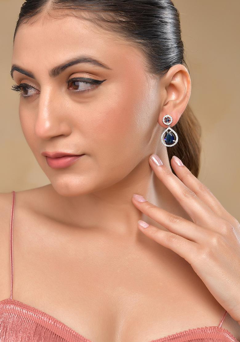 Silver Plated Blue Stone Studded Teardrop Shaped Earrings  - Indya