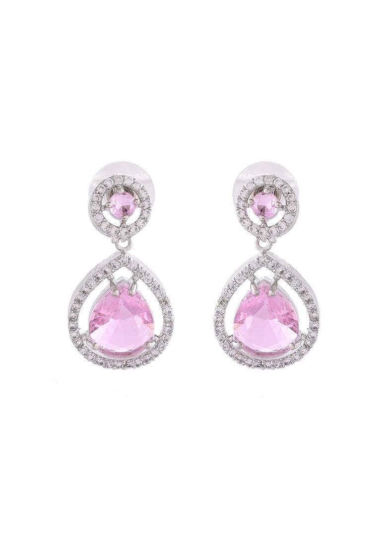 Silver Plated Baby Pink Stone Studded Teardrop Shaped Earrings  - Indya