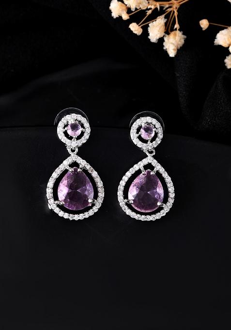 Silver Plated Baby Pink Stone Studded Teardrop Shaped Earrings 