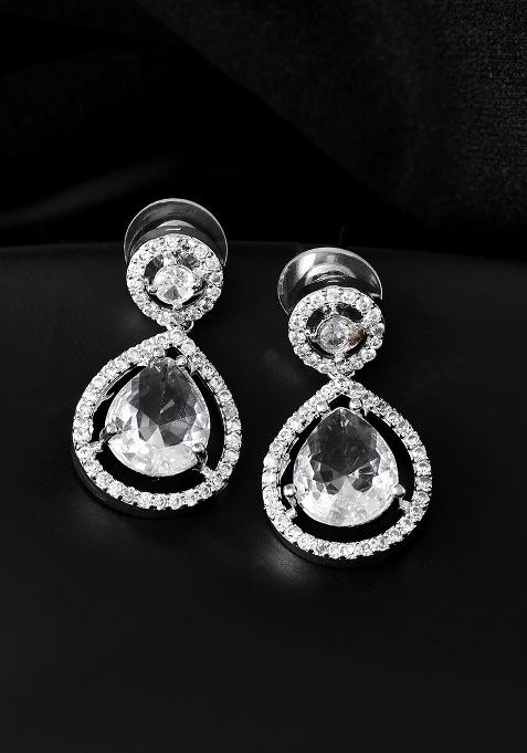 Silver Plated Stone Studded Teardrop Shaped Earrings 