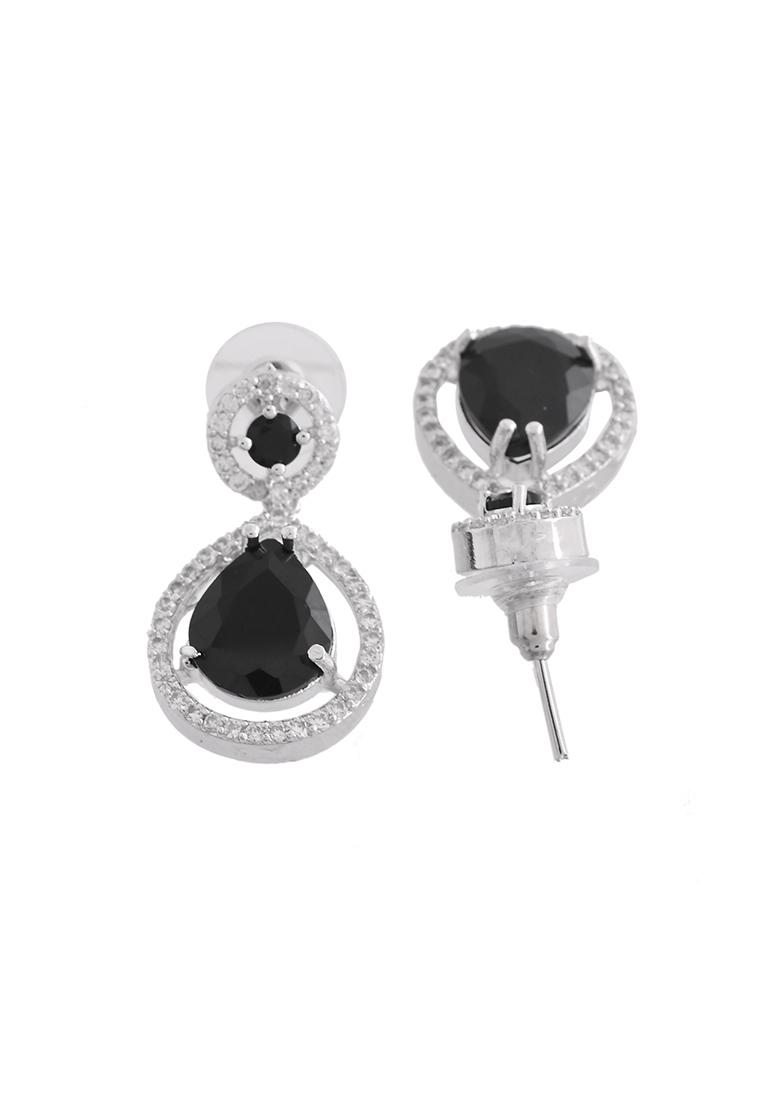 Silver Plated Black Stone Studded Teardrop Shaped Earrings  - Indya