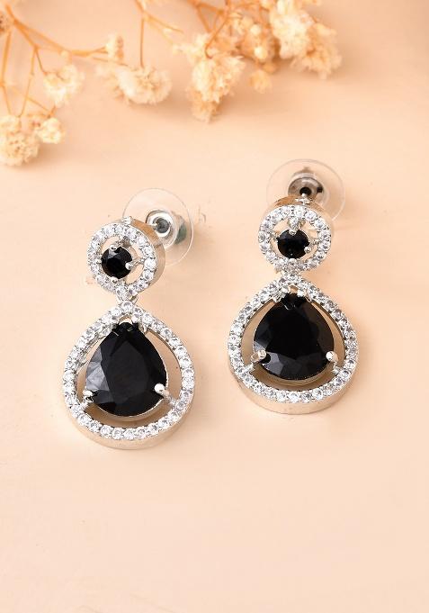 Silver Plated Black Stone Studded Teardrop Shaped Earrings 