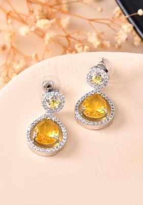 Silver Plated Yellow Stone Studded Teardrop Shaped Earrings 