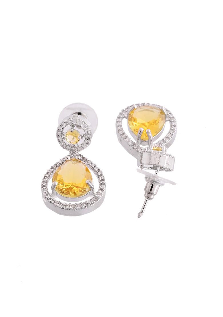 Silver Plated Yellow Stone Studded Teardrop Shaped Earrings  - Indya