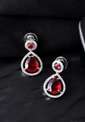 Silver Plated Red Stone Studded Teardrop Shaped Earrings 
