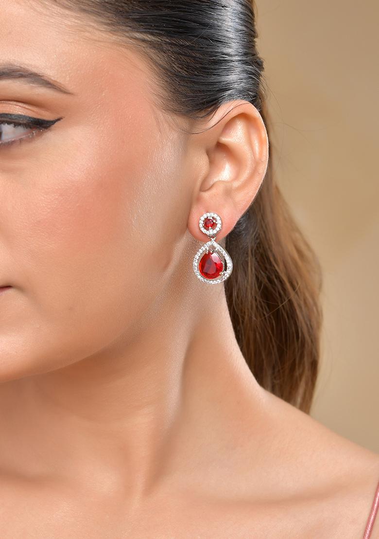 Silver Plated Red Stone Studded Teardrop Shaped Earrings  - Indya
