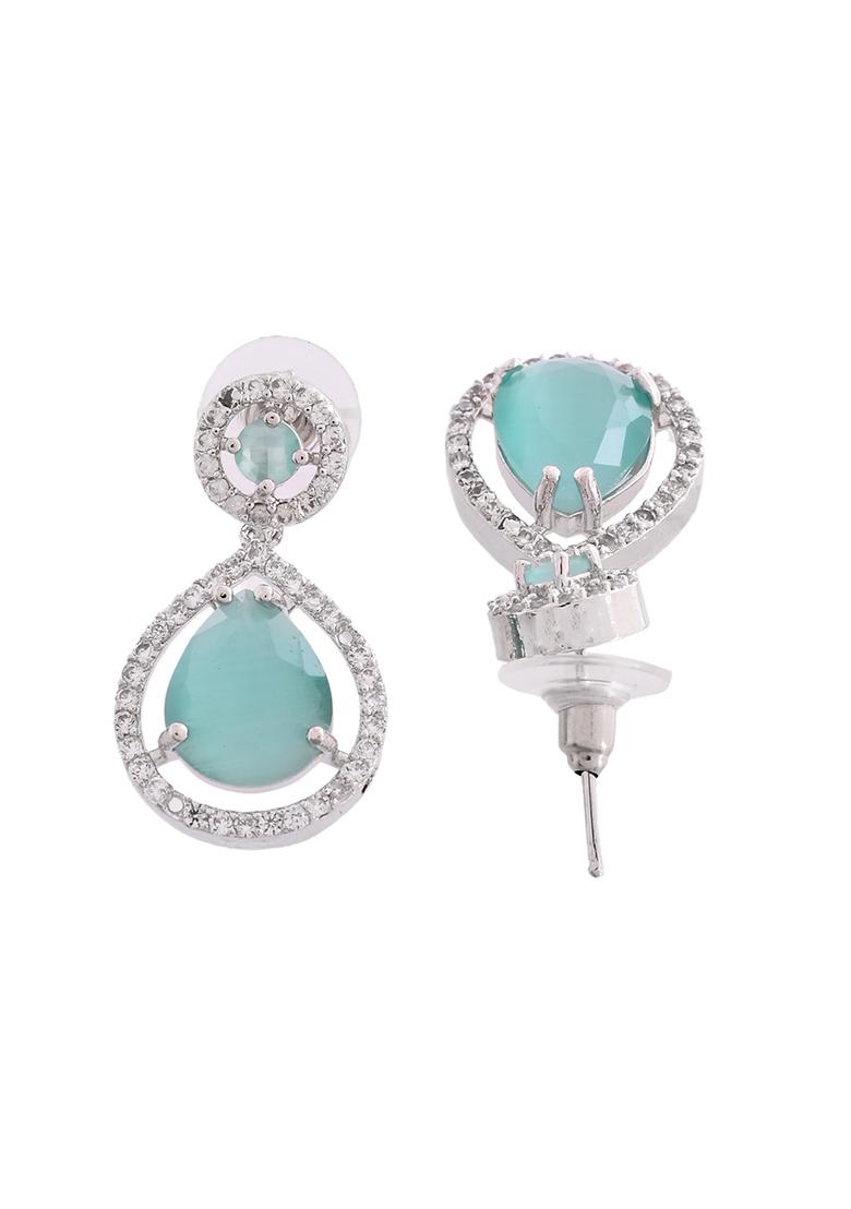 Silver Plated Sea Green Stone Studded Teardrop Shaped Earrings  - Indya