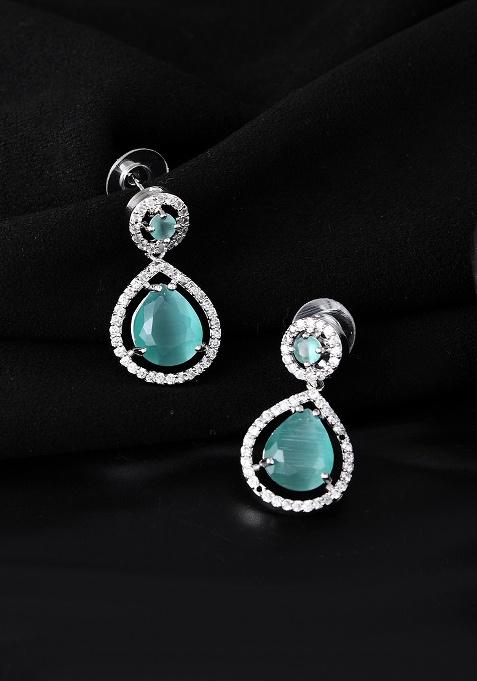 Silver Plated Sea Green Stone Studded Teardrop Shaped Earrings 