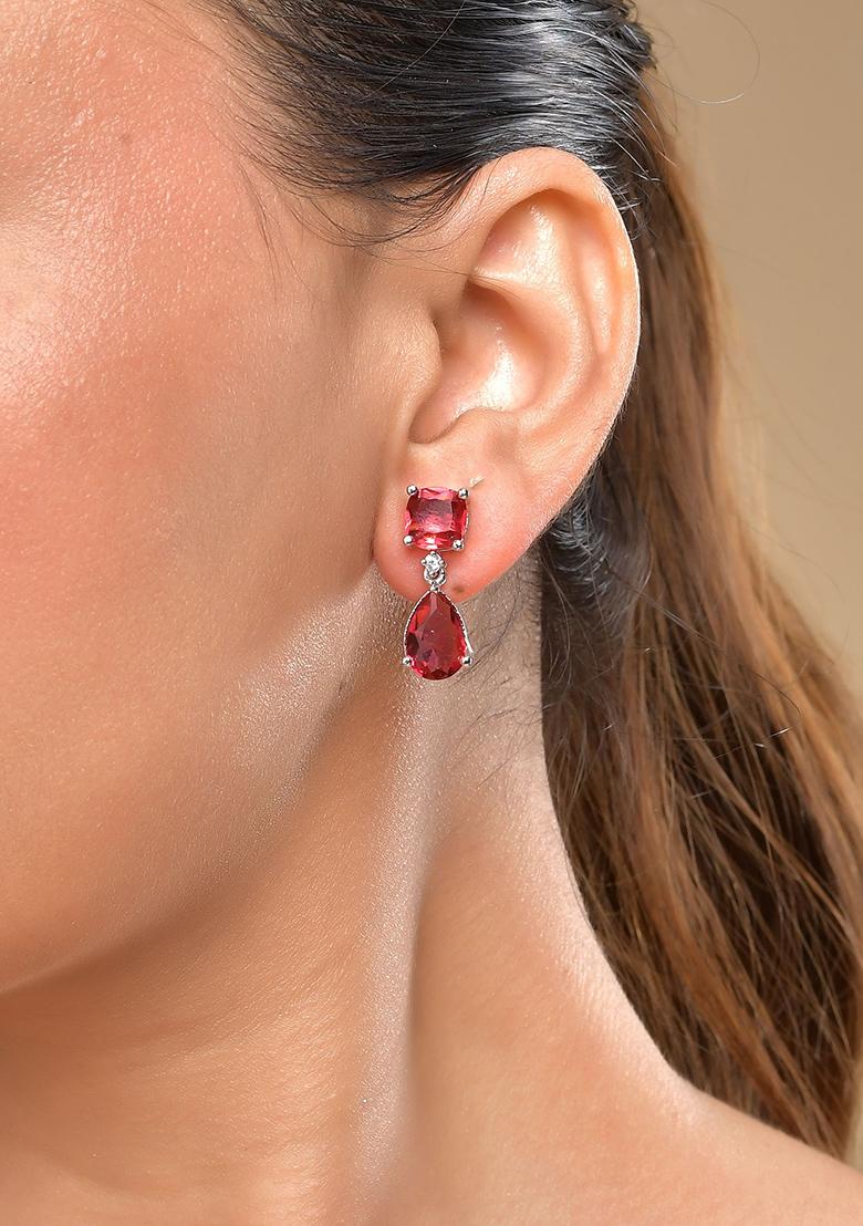 Silver Plated Red Stone Studded Studs Earrings - Indya