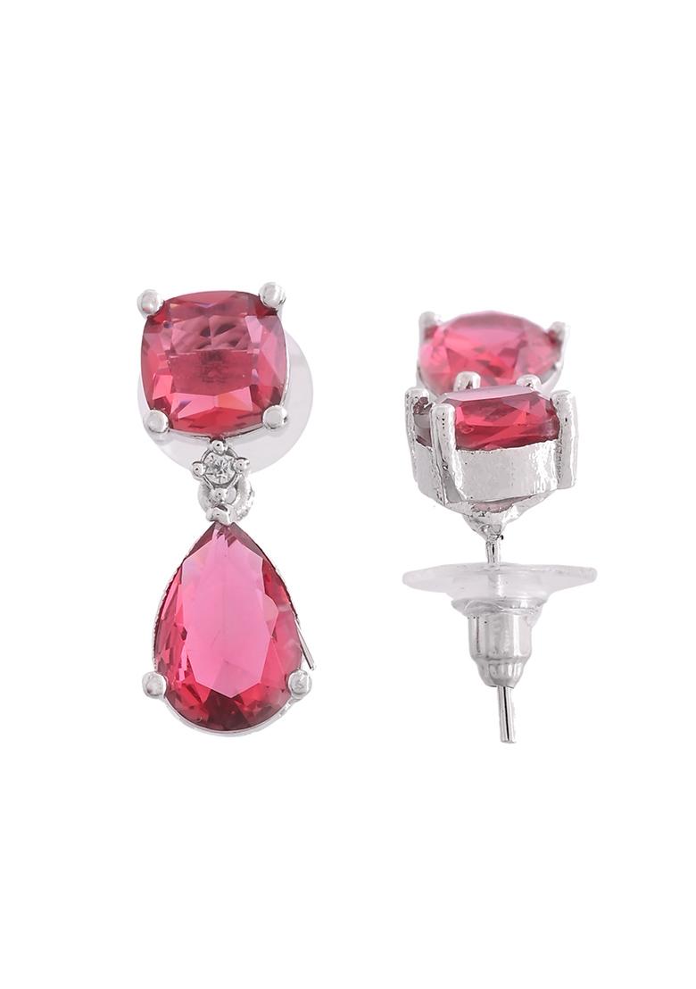Silver Plated Red Stone Studded Studs Earrings - Indya