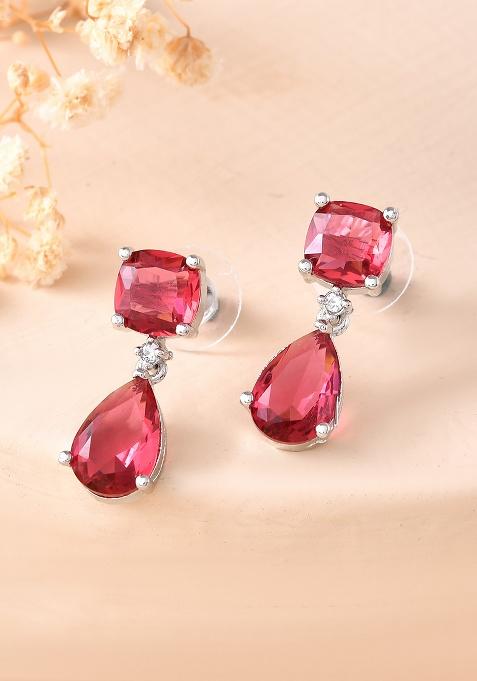 Silver Plated Red Stone Studded Studs Earrings