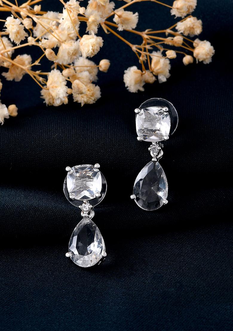 Silver Plated Stone Studded Studs Earrings - Indya