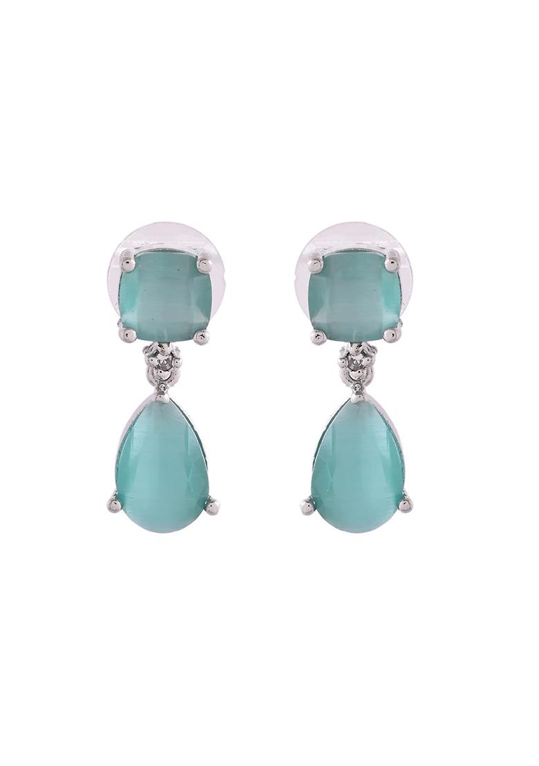 Silver Plated Sea Green Stone Studded Studs Earrings - Indya