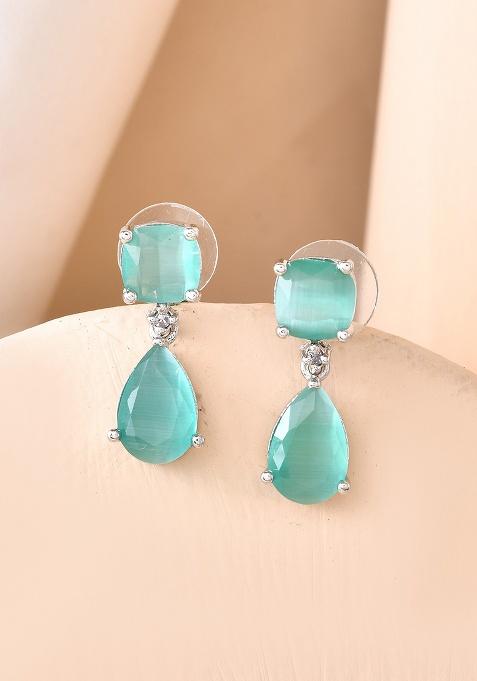 Silver Plated Sea Green Stone Studded Studs Earrings