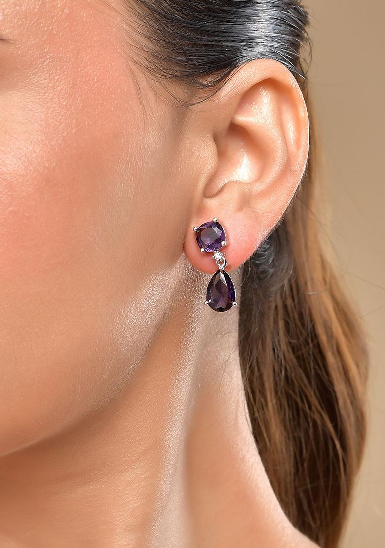 Silver Plated Purple Stone Studded Studs Earrings - Indya