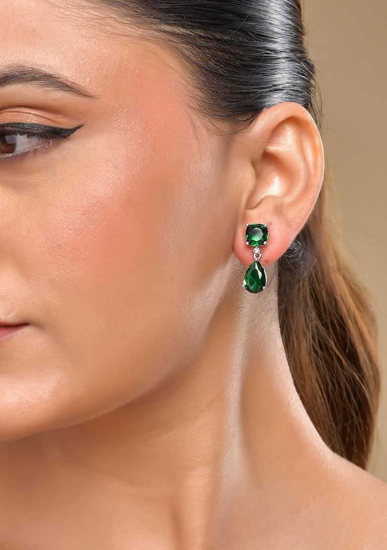 Silver Plated Green Stone Studded Studs Earrings - Indya