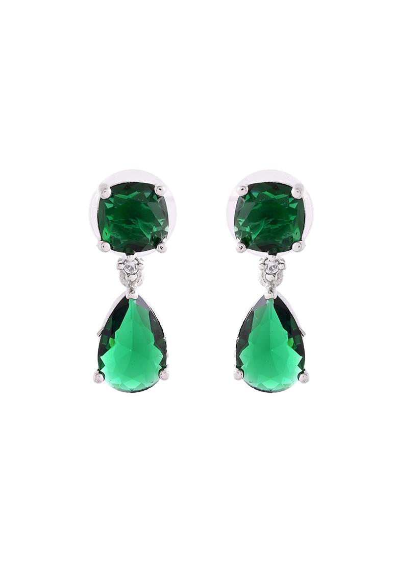 Silver Plated Green Stone Studded Studs Earrings - Indya