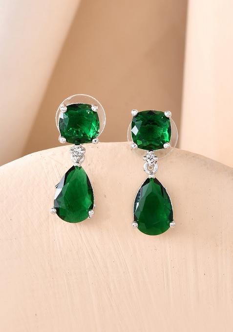 Silver Plated Green Stone Studded Studs Earrings