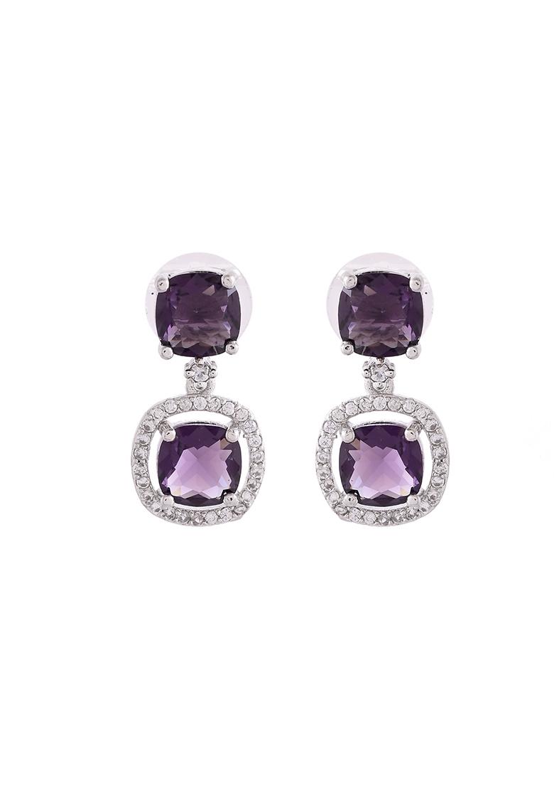 Silver Plated Purple Stone Geometrical Shaped Earrings - Indya