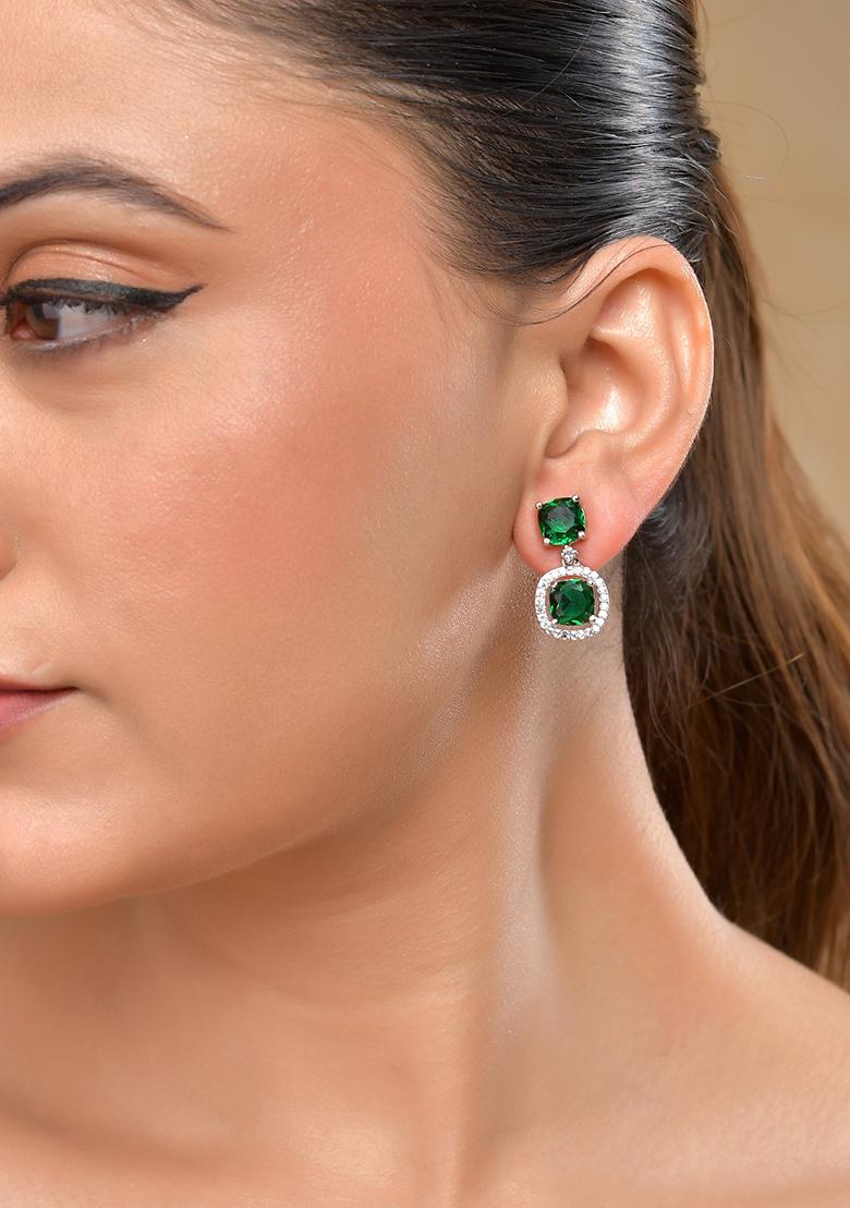Silver Plated Green Stone Geometrical Shaped Earrings - Indya