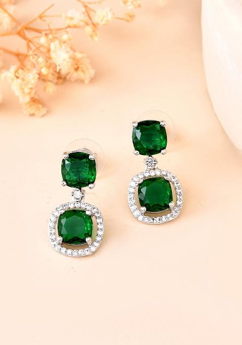 Silver Plated Green Stone Geometrical Shaped Earrings