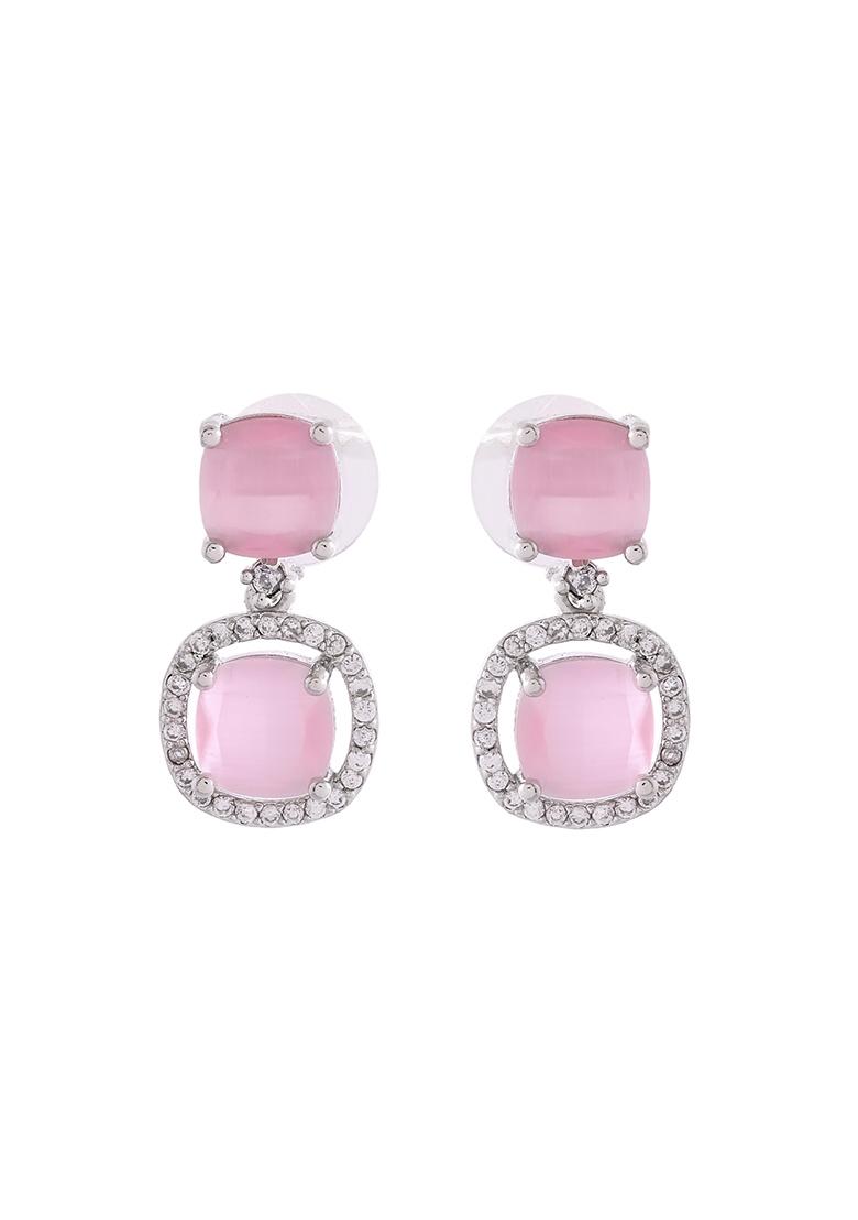Silver Plated Baby Pink Stone Geometrical Shaped Earrings - Indya