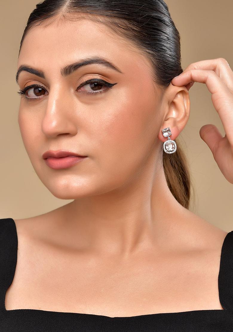 Silver Plated Stone Geometrical Shaped Earrings - Indya