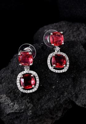 Silver Plated Red Stone Geometrical Shaped Earrings