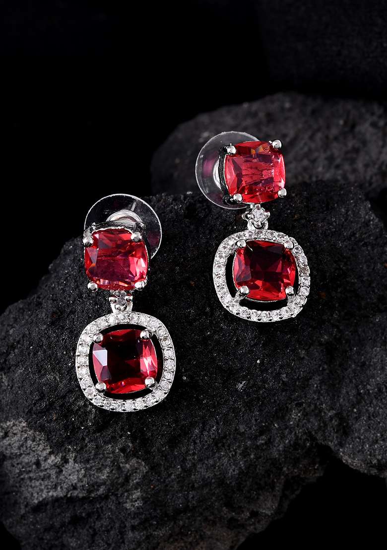 Silver Plated Red Stone Geometrical Shaped Earrings - Indya