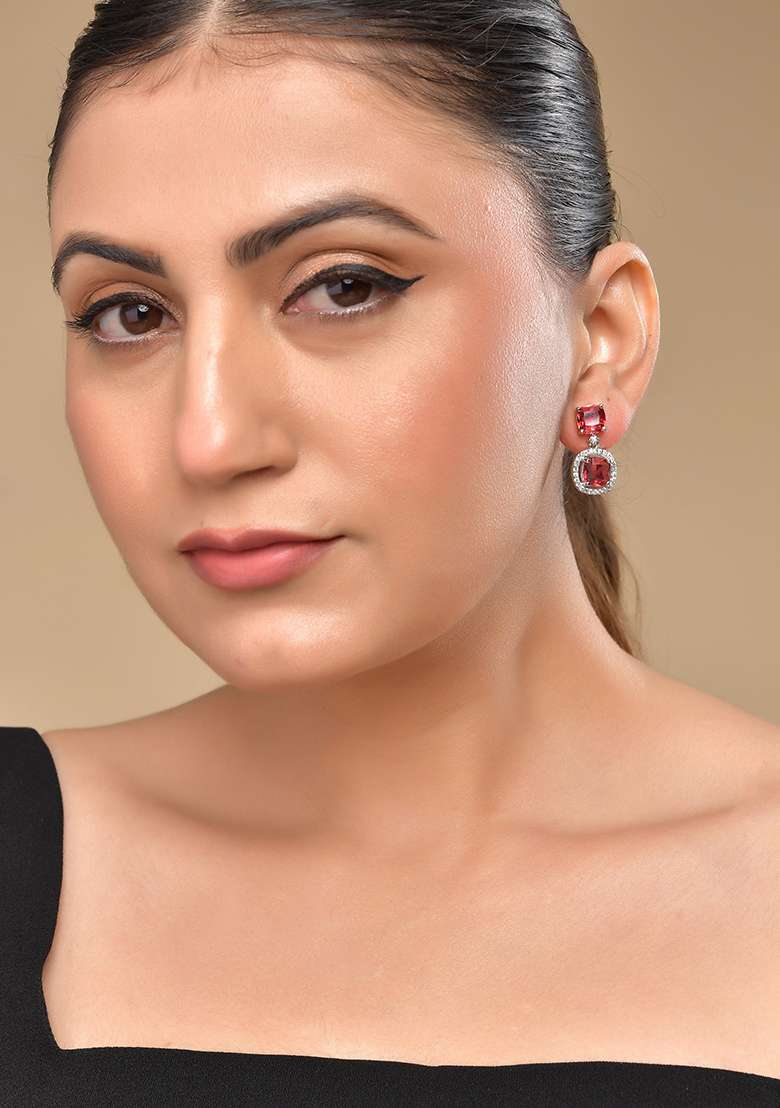 Silver Plated Red Stone Geometrical Shaped Earrings - Indya