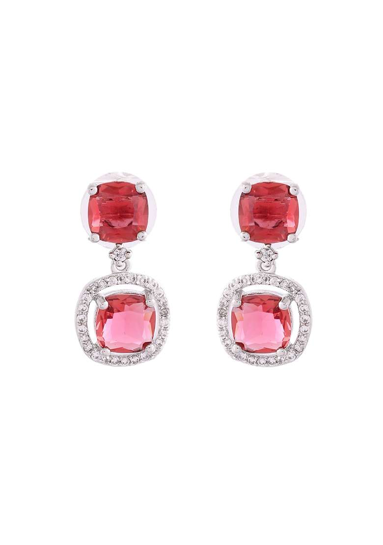 Silver Plated Red Stone Geometrical Shaped Earrings - Indya