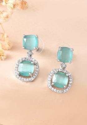 Silver Plated Sea Green Stone Geometrical Shaped Earrings