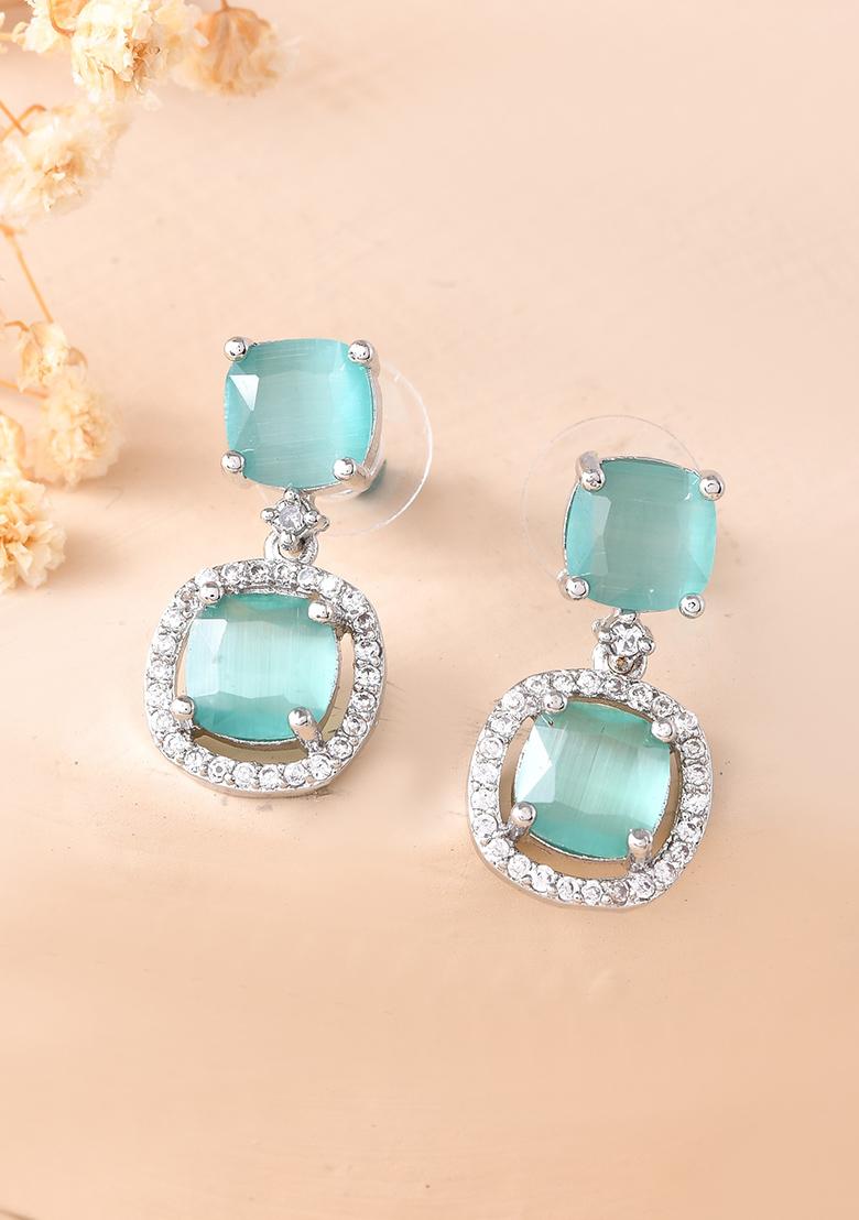 Silver Plated Sea Green Stone Geometrical Shaped Earrings - Indya