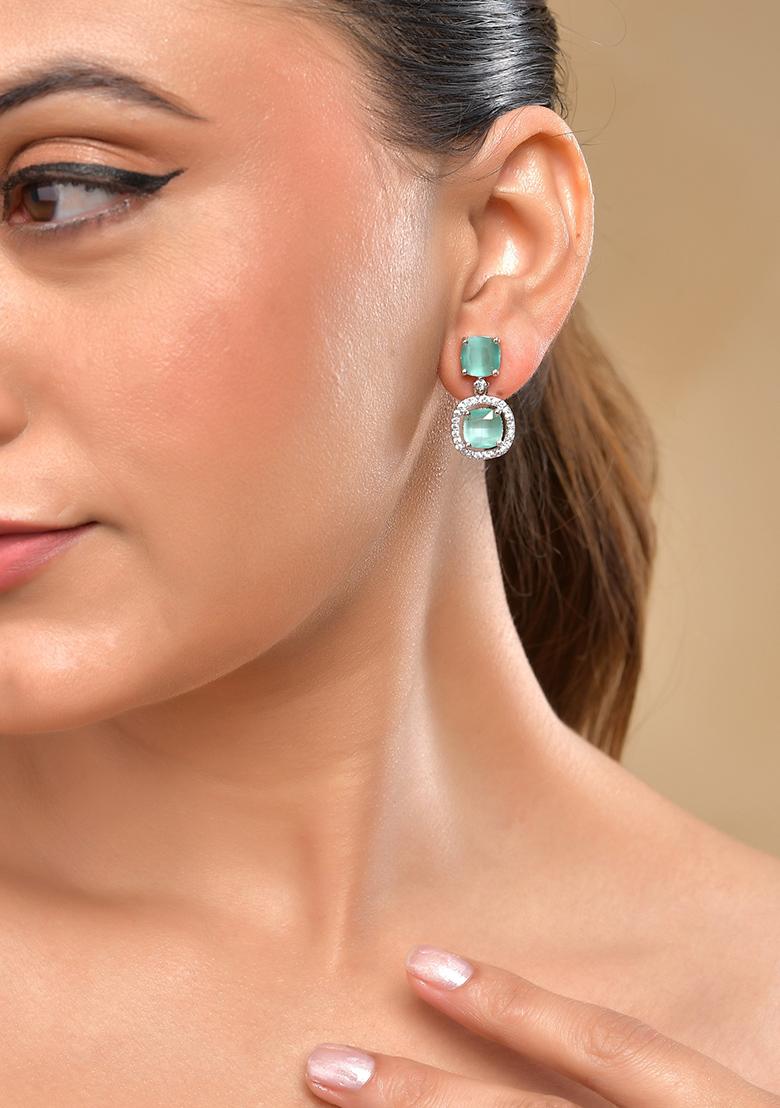 Silver Plated Sea Green Stone Geometrical Shaped Earrings - Indya
