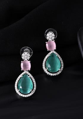 Silver Plated Teal And Pink Stone Studded Elegent Earrings 