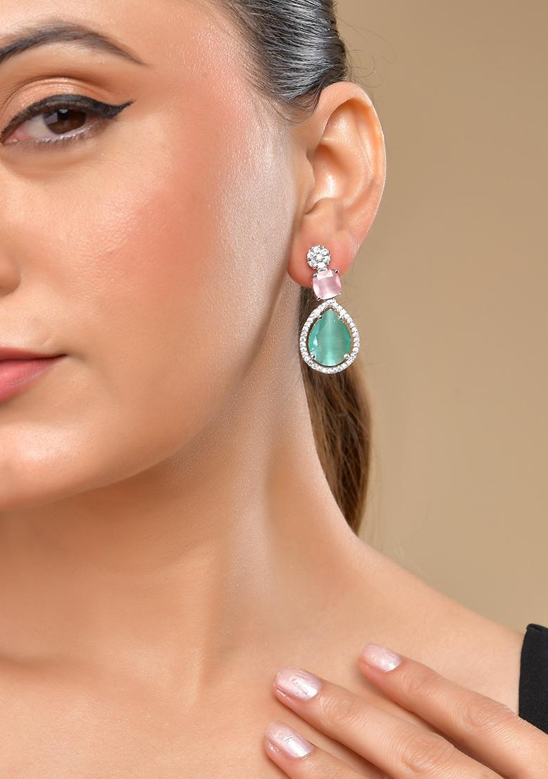 Silver Plated Teal And Pink Stone Studded Elegent Earrings  - Indya