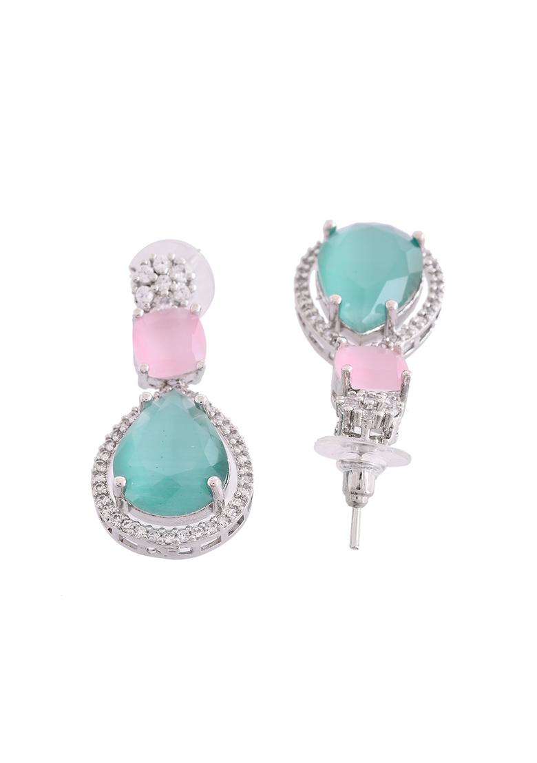 Silver Plated Teal And Pink Stone Studded Elegent Earrings  - Indya