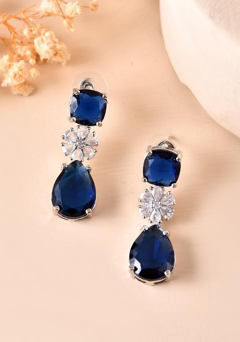 Silver Plated Blue Stone Studded Floral Shaped Studs Earrings