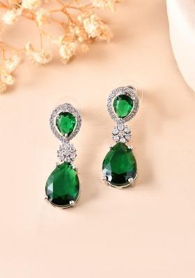 Silver Plated Green Stone Studded Floral Shaped Studs Earrings